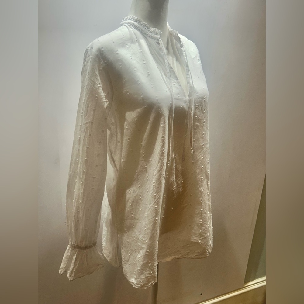 Etcetera White Dotted Swiss Tunic Tie Neck Gathered Cuffs Sz M NWT - Picture 10 of 15